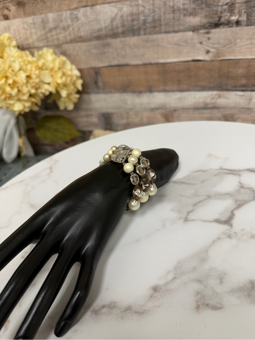 Faux pearl and crystal multi strand wrap bracelet OS